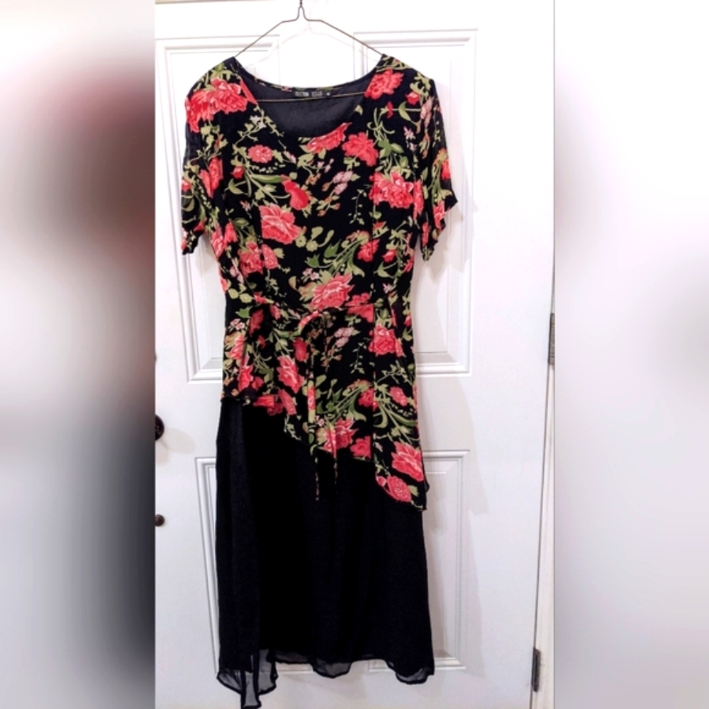 Vintage Floral Dress by Cotton Hills, Two Layer, Short Sleeves XL